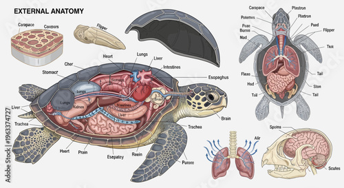 Detailed Sea Turtle Anatomy and Internal Organ Biological Diagram