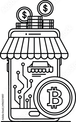 Vector illustration of smartphone with storefront awning, coins, Bitcoin symbol, and circuit lines representing online marketplace and cryptocurrency transactions.