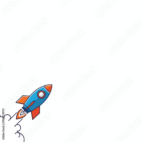 Cartoon rocket blasting off with orange fins, leaving a trail of smoke