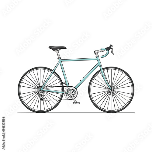 Light blue road bicycle with black tires, silver components, and drop handlebars