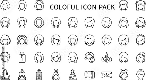 Colorful Icon Pack: Diverse Hairstyles, Accessories, and Fashion Elements for Digital Design