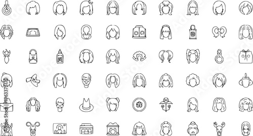 Diverse Vector Icons Representing Hairstyles and Various Objects