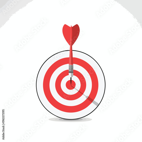 A red dart is precisely at the center of a target, casting a shadow