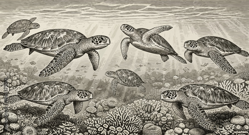 Vintage Illustration of Sea Turtles Swimming in Coral Reef