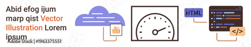 Cloud computing, web application development, data performance, coding, software systems, digital transformation. Icons of a cloud, speedometer and coding panel. Cloud computing and web development