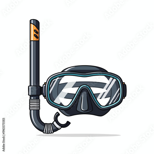 Detailed illustration of a black diving mask with a snorkel on a white background