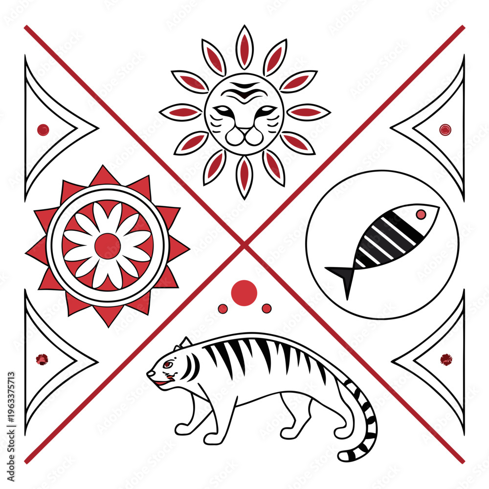 Obraz premium Pohela Boishakh Elements Vector Set with Traditional Bengali Symbols, Patterns, and Festive Decorations