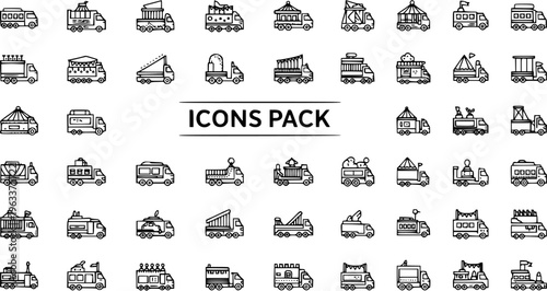 Detailed Line Art Icons Pack of Specialized Trucks and Mobile Event Vehicles: Food, Stage, Carnival, Service, and Commercial Transport Outlines