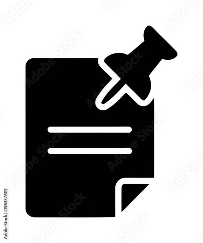 Pinned paper icon with pushpin for important notes | black vector illustration for office reminder | minimalist flat design for organization