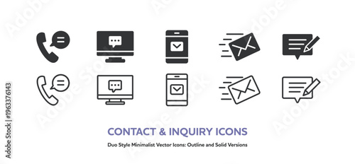 オンラインでのメッセージやメール関連のアイコンセット。通話,チャット,PC等のベクターアイコン