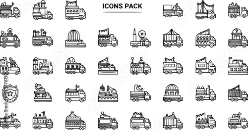Whimsical  Themed Trucks Line Art Icons Pack: Diverse Custom Vehicles for Entertainment, Service, and Special Events