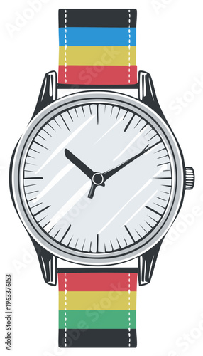 Stylish wristwatch illustration with colorful striped band fashion accessory timekeeping instrument