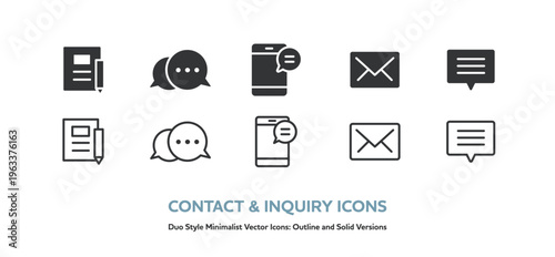 ノートとペン、吹き出し、スマホのメッセージ、メール等のベクターアイコンセット。線画と塗りのアイコン