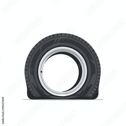 Flat tire with a metallic rim and detailed tread pattern on a white background