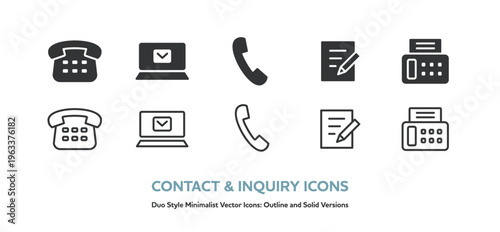 固定電話、FAX、書類とペン、ノートPCとメールのアイコンのセット。線画と塗りのベクターアイコン