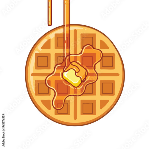 Golden round waffle generously drizzled with melted butter and sweet syrup