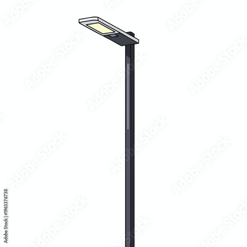 Modern dark pole with illuminated rectangular lamp head, angled upwards