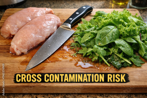 Serious food safety warning about risk of cross contamination. Raw chicken breast and fresh green vegetable share cutting board, an unsafe and hazardous preparation