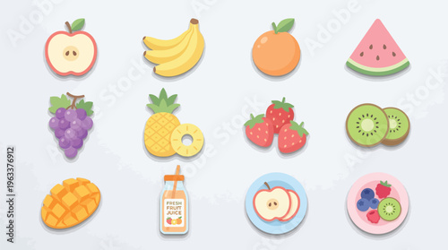 A vibrant collection of cute, flat-design fruit illustrations including apples, bananas, oranges, watermelon, grapes, pineapple, strawberries, kiwi, and mango, along with fruit juice and fruit plates.