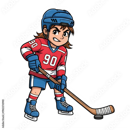 A fierce young hockey player wearing a red jersey with number ninety preparing to strike the puck isolated on transparent background