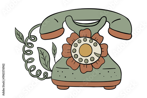Vintage Floral Telephone Vector Retro Phone Illustration Cute Hand Drawn Communication Icon