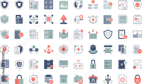 Cyber security and digital protection icons: shield, lock, data, network and warning symbols in flat design style, secure connection, data breach