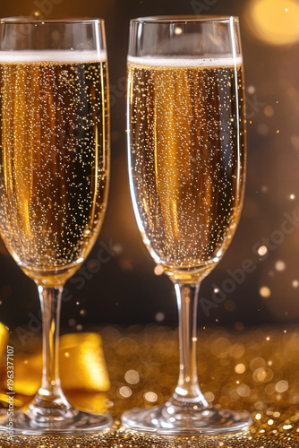 Two glasses of champagne on a table setting for a celebration or party