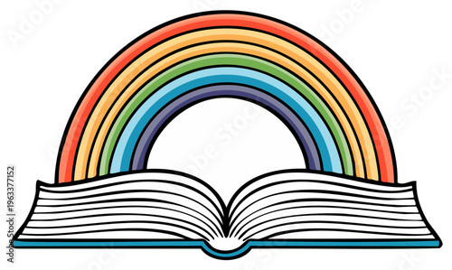 Colorful rainbow arches over opened book illustration