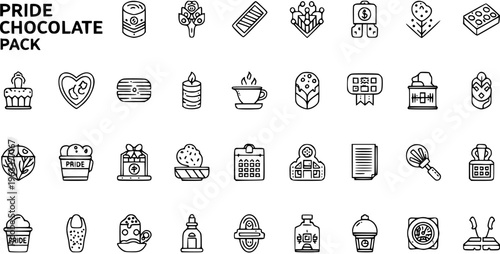 Pride Chocolate Pack - Line Art Vector Icons Collection. Delicious Sweet Desserts, Drinks  Celebration Symbols for LGBTQ Events.