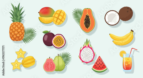 A vibrant collection of tropical fruits including pineapple, mango, papaya, coconut, banana, and star fruit, with a refreshing juice.