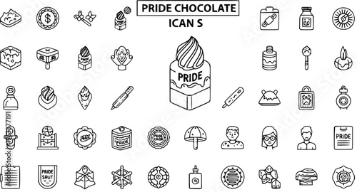 Pride Chocolate Icons Set. Collection of outline vector symbols featuring various dessert shapes, sweets, and celebration elements, perfect for LGBTQ themes.