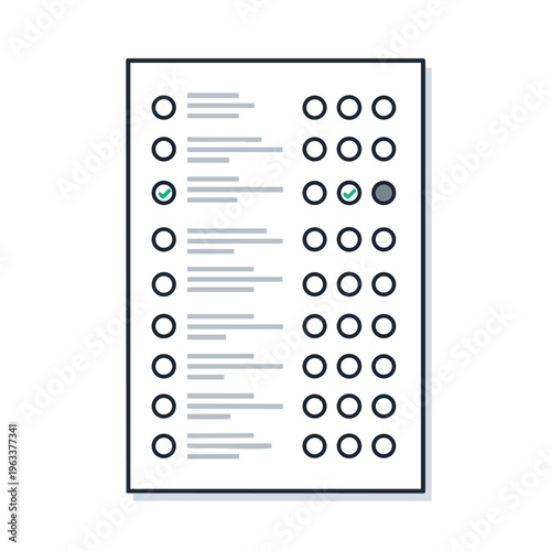 Multiple choice test paper with selected and unselected answer bubbles