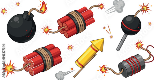 Cartoon Explosive Bomb and Dynamite Icon Set with Detonators Fire Sparks and Fuse Elements for Danger Warning Action and Game Design Projects