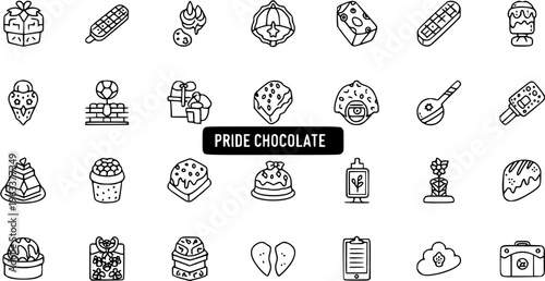Pride Chocolate Outline Icons Set with Desserts, Food, and Assorted Symbols on White Background