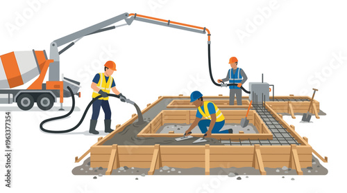 Construction Workers Pouring Concrete Foundation with Cement Mixer Truck Vector Illustration