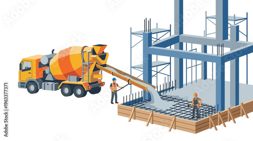 Construction Site Illustration with Concrete Mixer Truck Pouring Cement for Building Foundation and Workers in Safety Gear