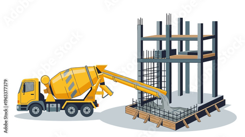 Yellow Concrete Mixer Truck Pouring Cement at a Building Construction Site Foundation Vector Illustration