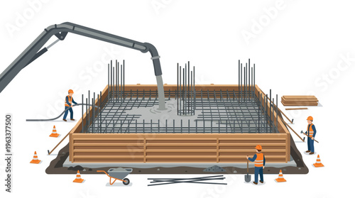Construction Workers Pouring Concrete Foundation with Pump Truck and Rebar Illustration