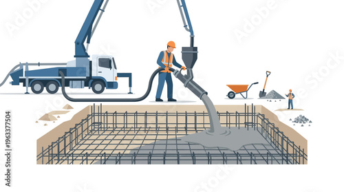 Construction Site with Concrete Pump Truck Pouring Cement into Steel Foundation Rebar Grid, Industrial Building Process Vector Illustration