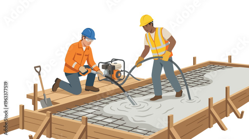 Construction Workers Pouring and Vibrating Wet Concrete into Foundation Form with Rebar, Flat Vector Illustration Isolated on White Background