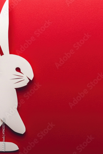 A close-up of a white rabbit sitting on a red surface, possibly a table or rug