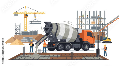 Construction Site Illustration with Concrete Mixer Truck Pouring Foundation, Workers, Tower Crane, and Scaffolding on White Background. Flat Vector Industrial Design.