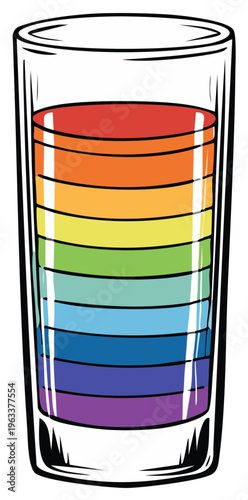 Tall glass filled with layered rainbow colored liquids