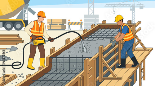 Construction Workers Pouring and Compacting Concrete into Wooden Formwork on Building Site, Flat Vector Illustration of Industrial Foundation Development