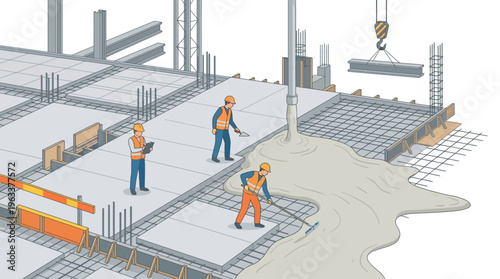Construction Site Illustration with Workers Pouring Concrete Slab Foundation and Rebar Reinforcement in Flat Isometric Design Style