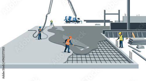 Construction Workers Pouring Concrete Foundation for New Building Illustration