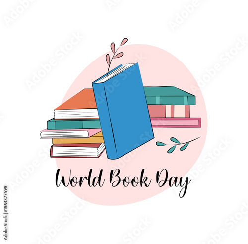 A charming minimalist vector illustration showcasing a stack of colorful books with a prominent blue one standing upright, celebrating World Book Day for educational and literary projects.