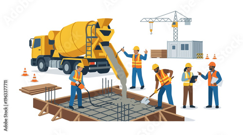 Construction Site Workers Pouring Concrete into Foundation with Cement Mixer Truck and Crane Vector Illustration