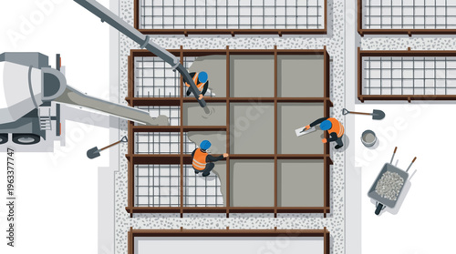 Construction Workers Pouring Concrete Foundation Top View Vector Illustration with Mixer Truck and Pump for Industrial Building Site