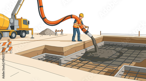 Construction Worker Pouring Concrete into Foundation with Pump Truck and Rebar Reinforcement Illustration